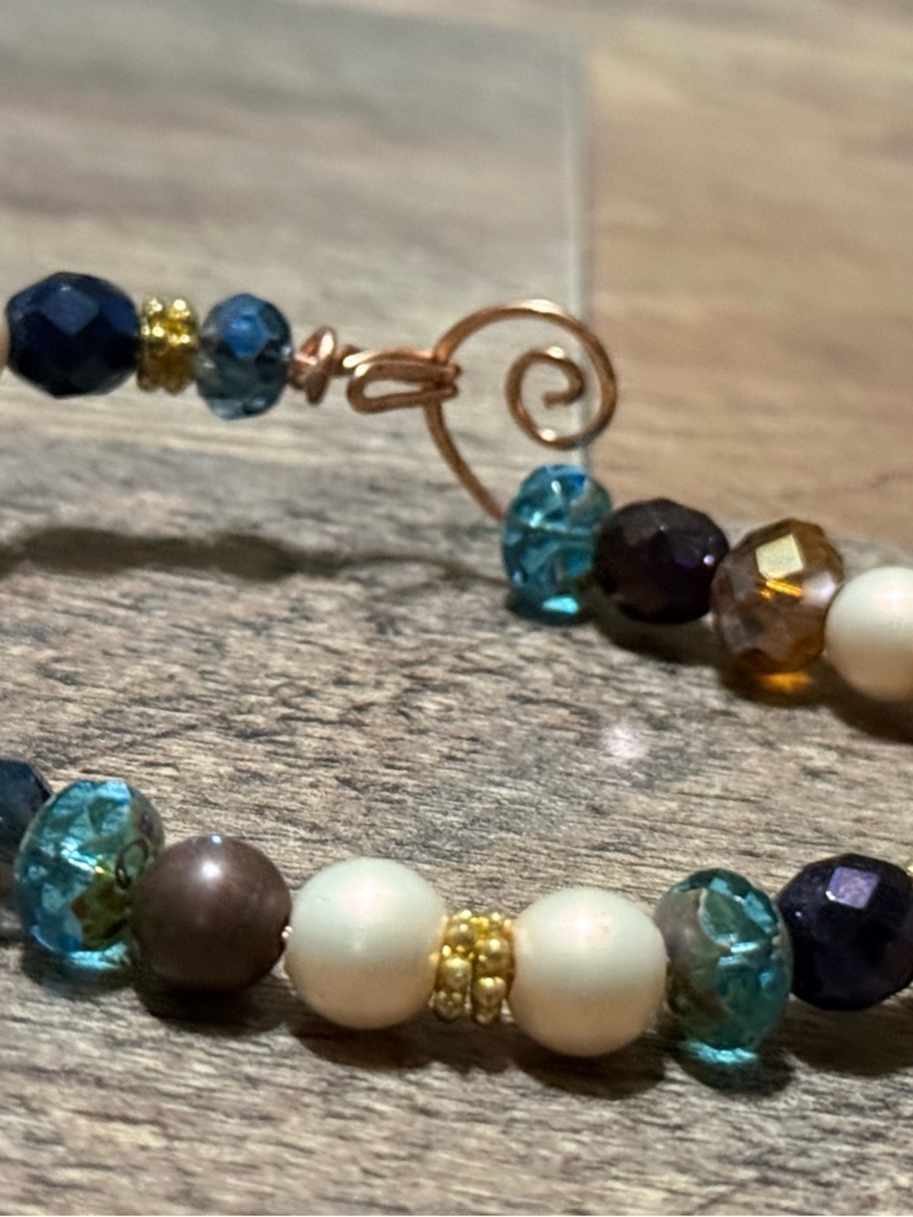 Handcrafted Multicolor Beaded Copper Wire Bracelet with Gold Accents
